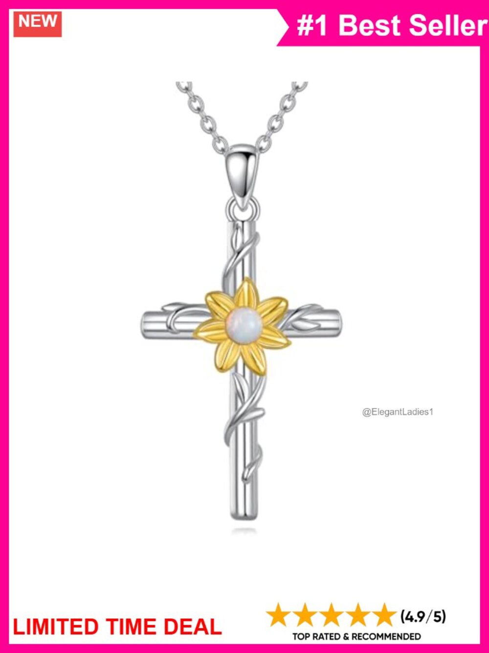 Sterling Silver Cross Pendant Necklace with Opal Adjustable Chain